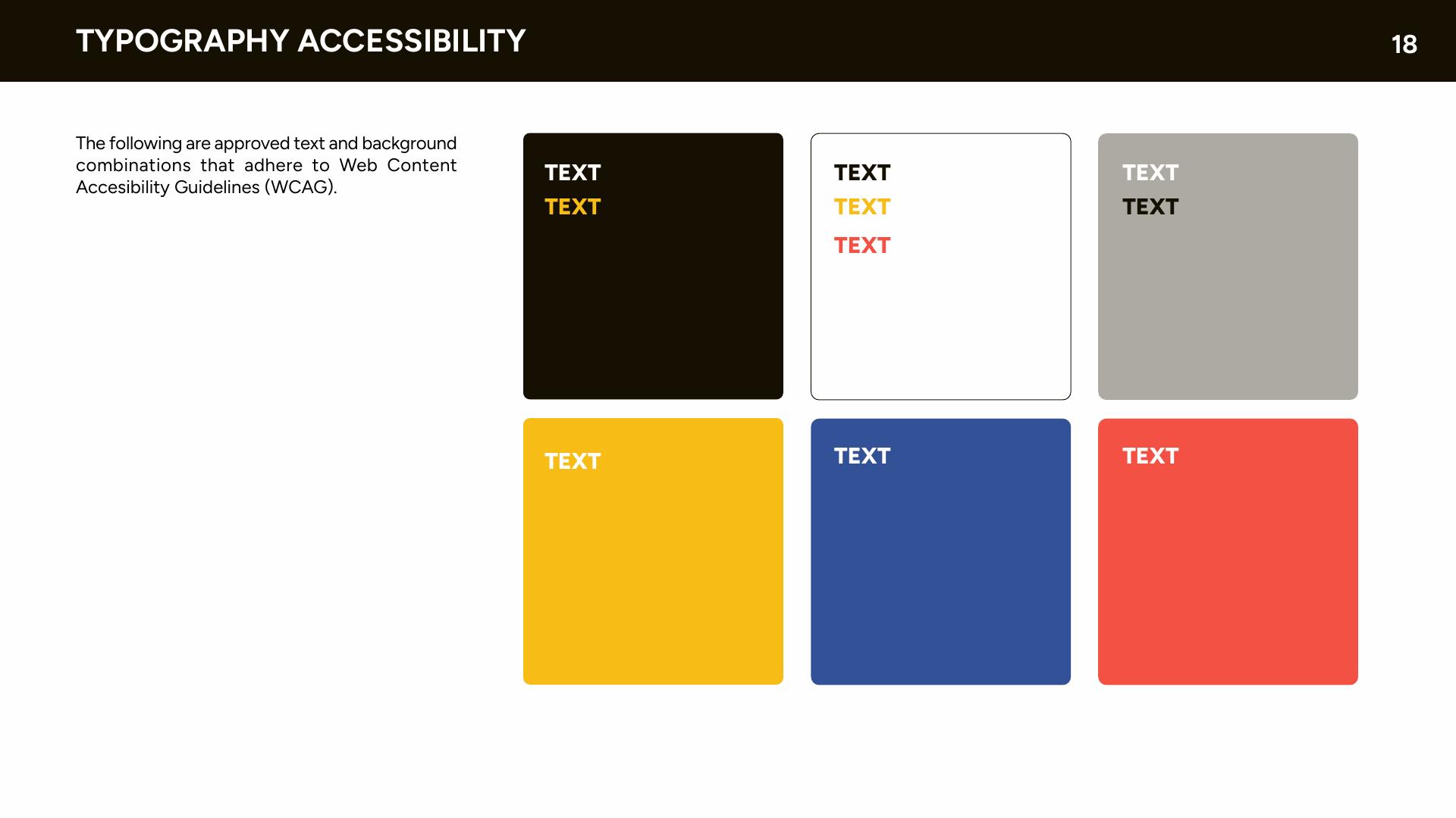 Typography accessibility page showing approved WCAG text and background pairings