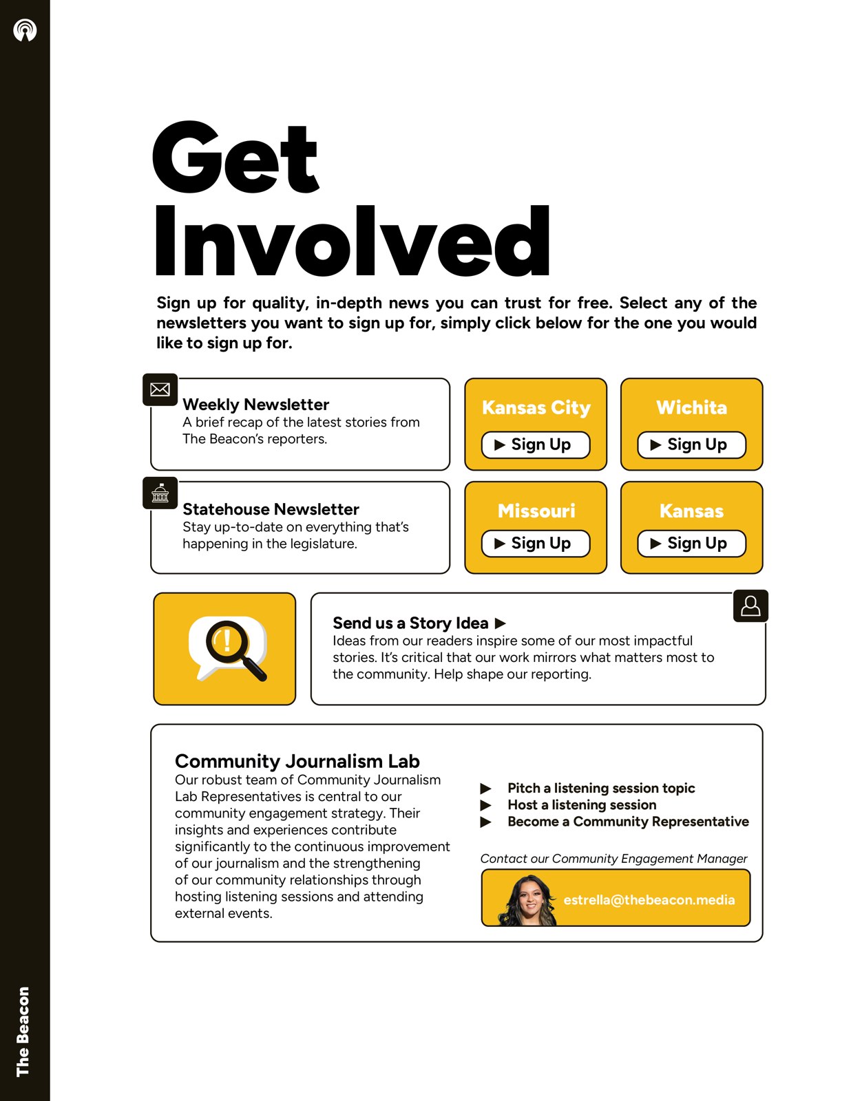 Get Involved page with giving levels and newsletter sign-ups