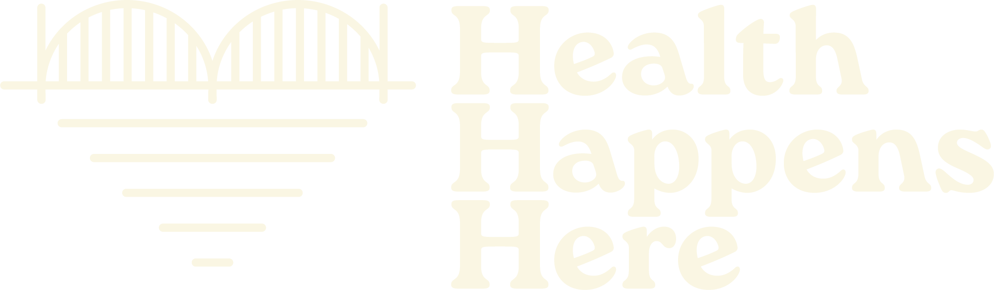 Health Happens Here logo — bridge arches forming a heart, white on coral