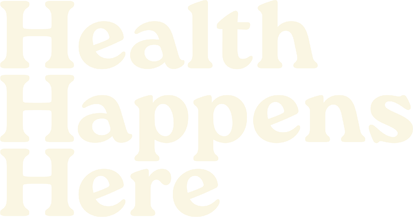 Health Happens Here wordmark in white on teal