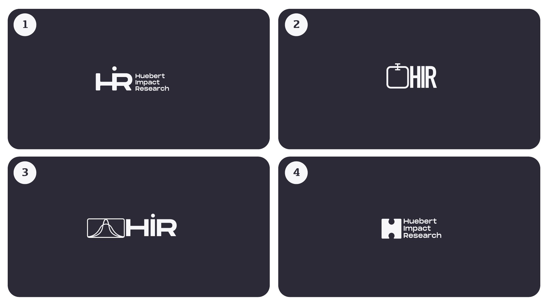 Round one — four logo options: an HIR monogram, a bar with an error bar, overlapping bell curves, and an H cut like a puzzle piece