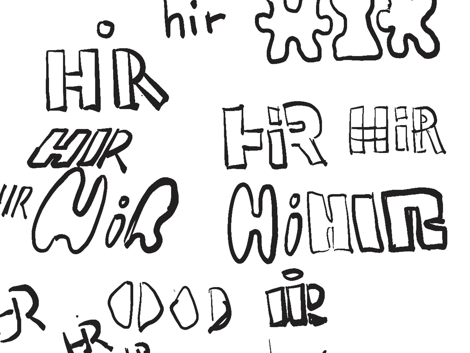 Hand-drawn logo thumbnails — HIR letterform studies in outline and solid