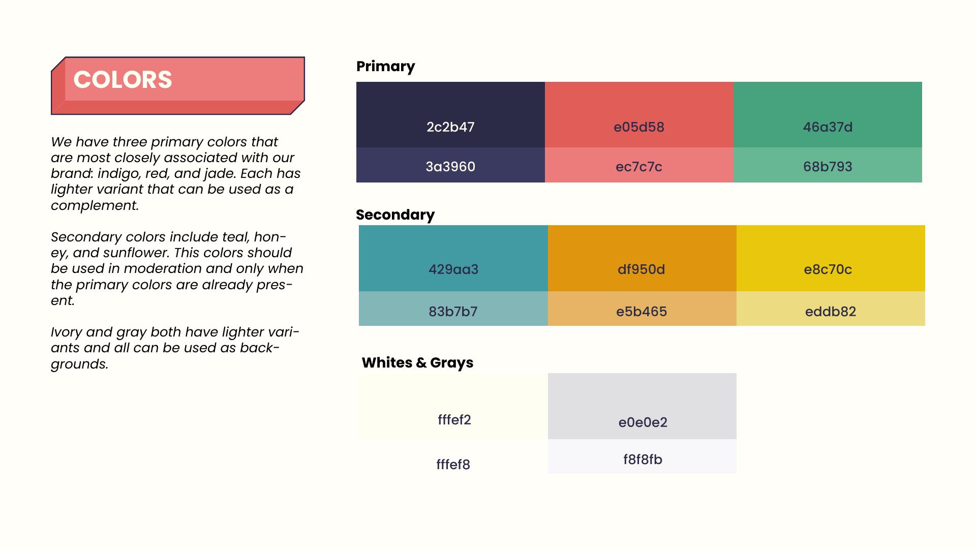 Color system page — primary, secondary, whites and grays