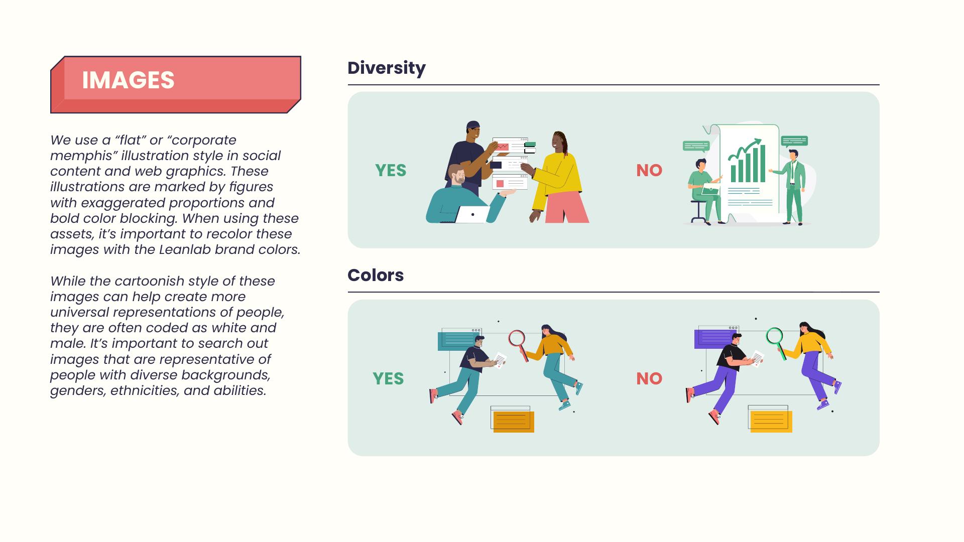 Images page showing yes and no examples for illustration diversity and color treatment