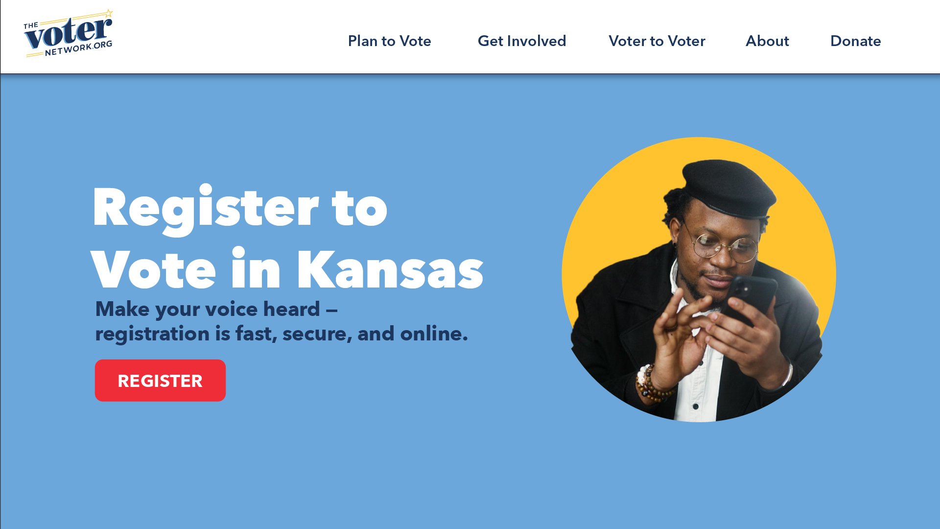 Light blue header mockup with a large headline and a portrait in a yellow circle